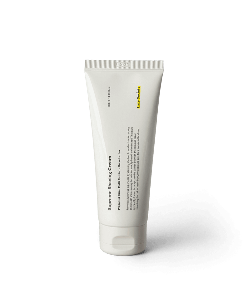 LAZY SOCIETY Superme Shaving Cream 100ml, crème à raser de marque LAZY SOCIETY sur fond noir, vue produit.