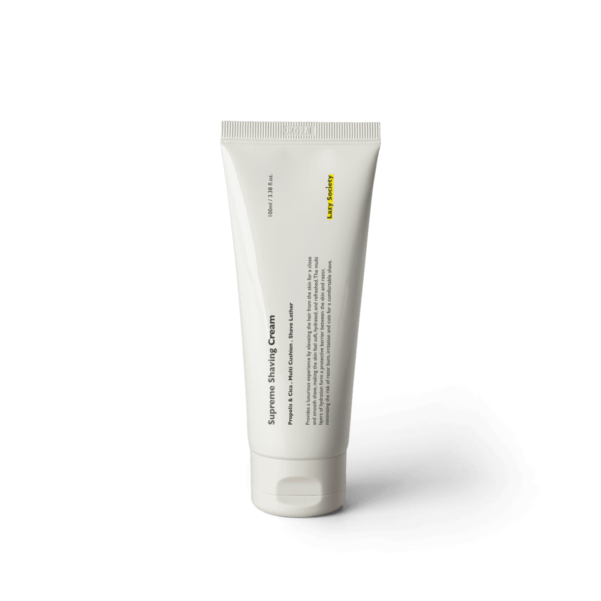 LAZY SOCIETY Superme Shaving Cream 100ml, crème à raser de marque LAZY SOCIETY sur fond noir, vue produit.