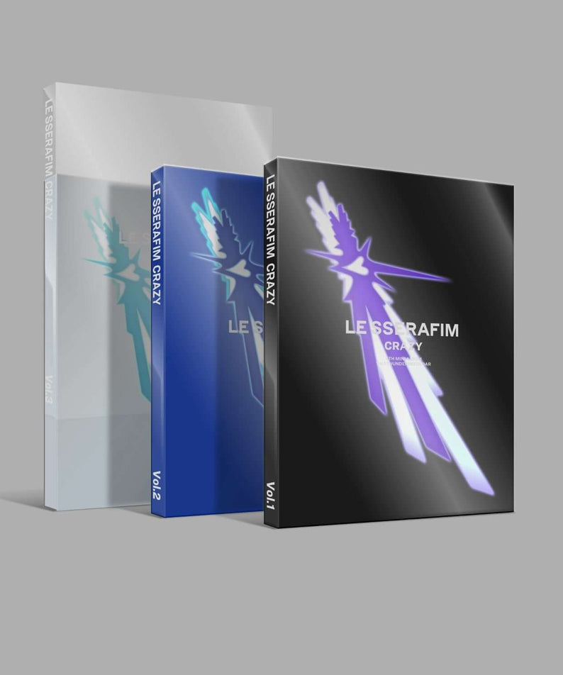 LE SSERAFIM - 4th Mini Album 'CRAZY' (Random 1 of 3) - Album Kpop, visuel 3 pochettes en bleu/violet sur fond gris