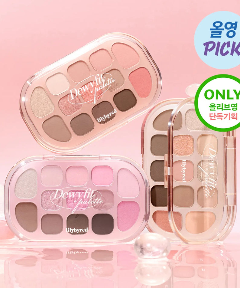 Palette de maquillage LILYBYRED Dewy Fit Palette avec nuances douces et naturelles en fond rose élégant.