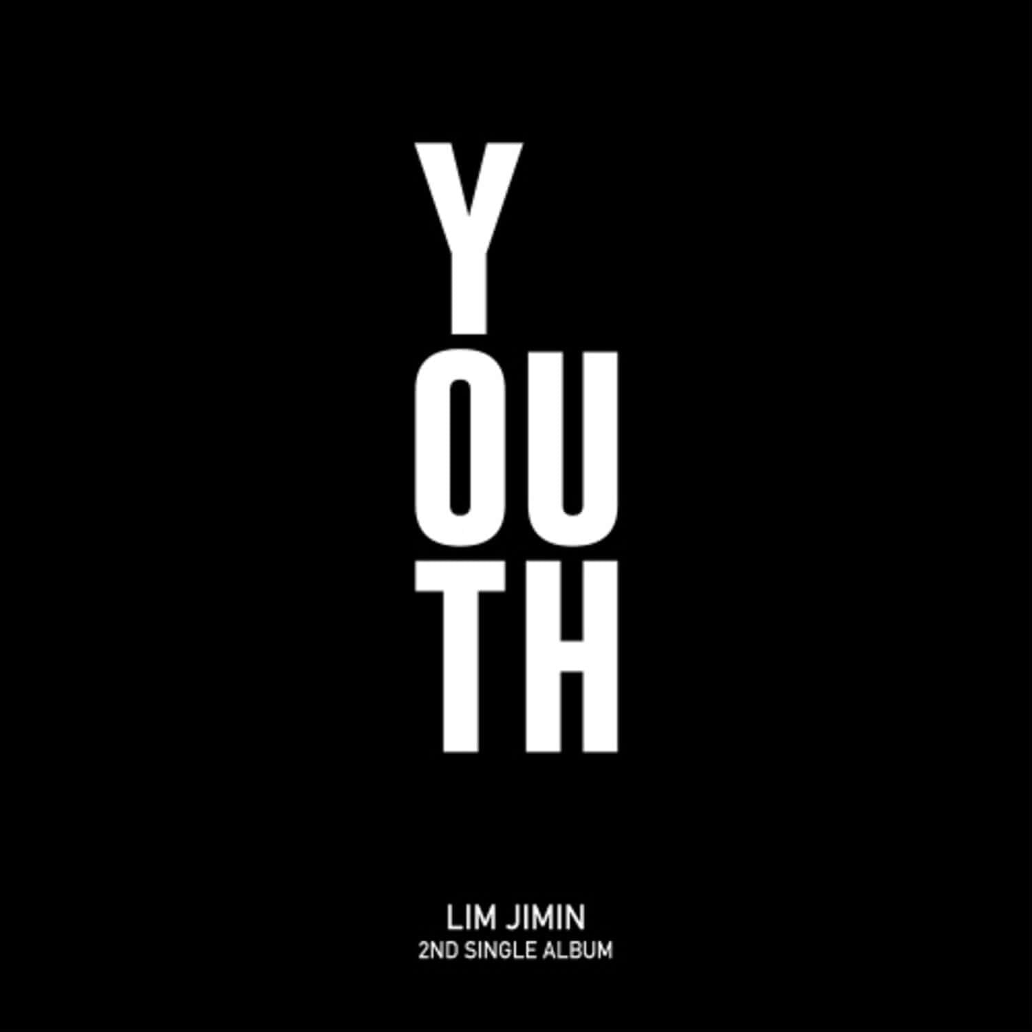 LIM JIMIN - YOUTH(2ND ) - Album Kpop : pochette noire “YOUTH” avec le texte LIM JIMIN, style Kpop minimaliste.