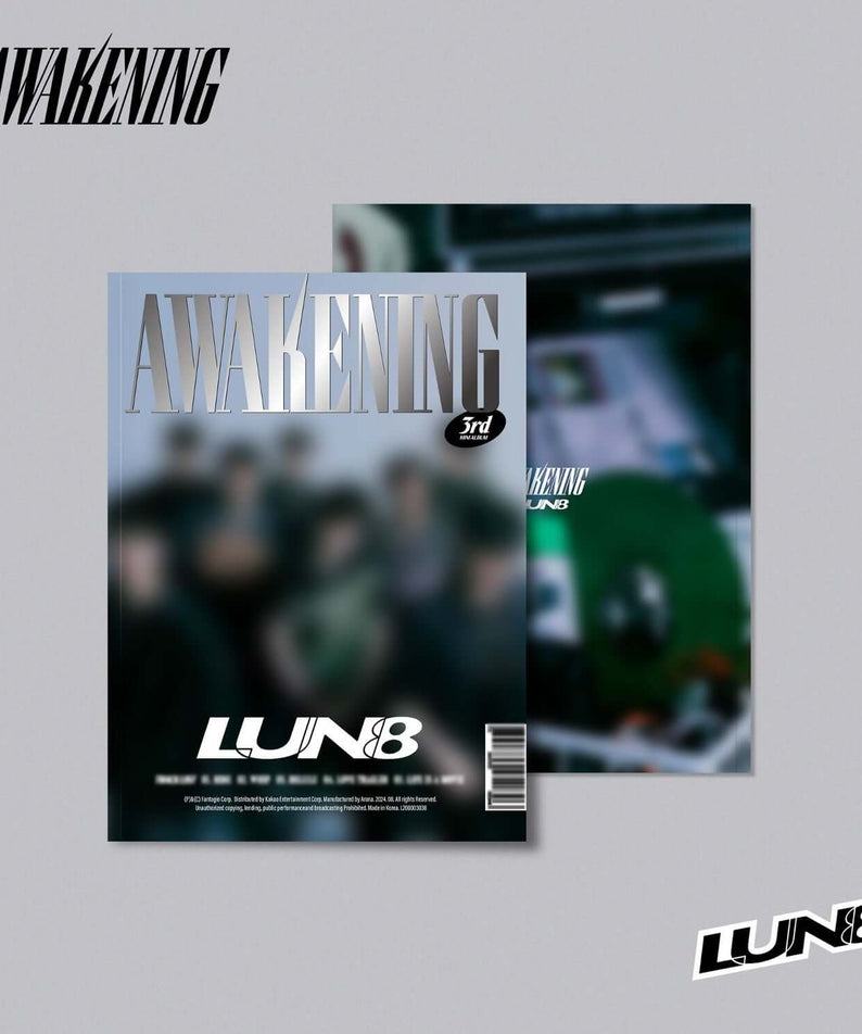 LUN8 - 3rd Mini Album [AWAKENING] (Hip ver.) - Album Kpop, pochette LUN8, visuel sombre et titre AWAKENING en fond