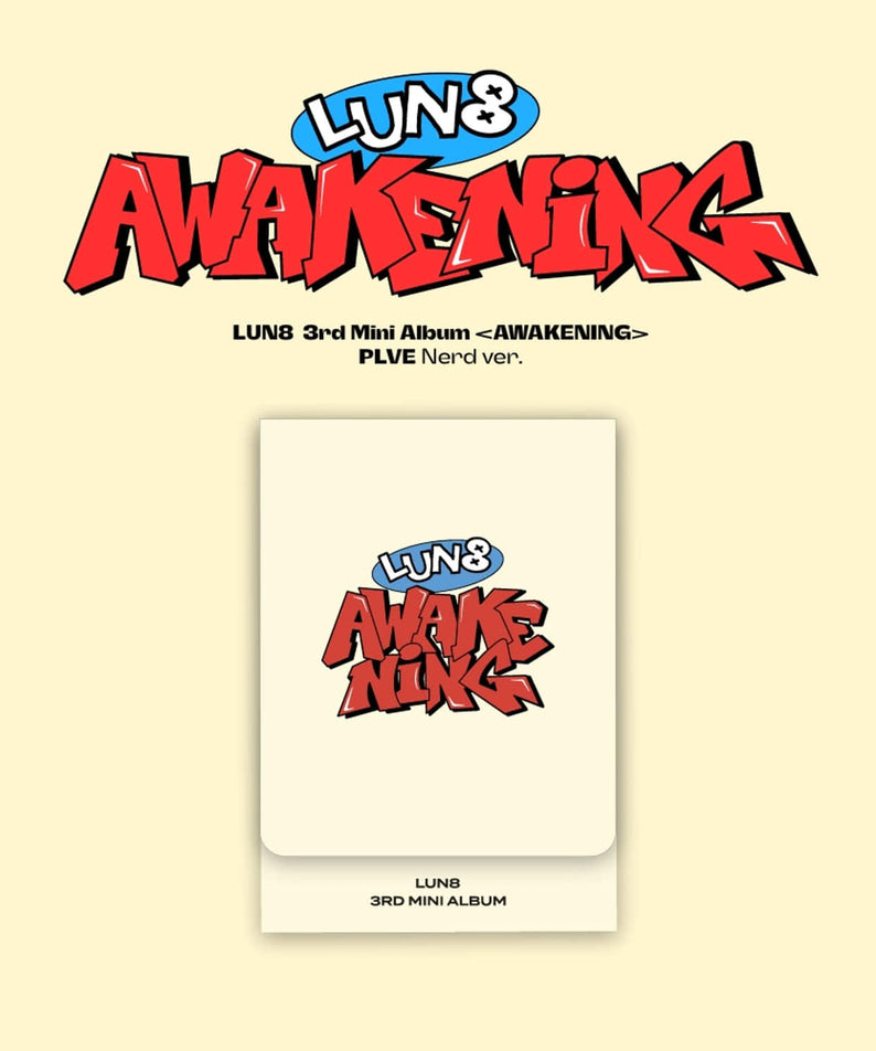 LUN8 - 3rd Mini Album [AWAKENING] (PLVE) (Nerd ver.) - Album Kpop, pochette jaune avec logo AWAKENING en visuel.