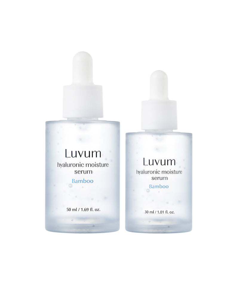 Décris l'image en français en mentionnant le produit, la marque et le contexte visuel : LUVUM Bamboo Hyaluronic Acid Moisture Serum Set 50ml/30ml