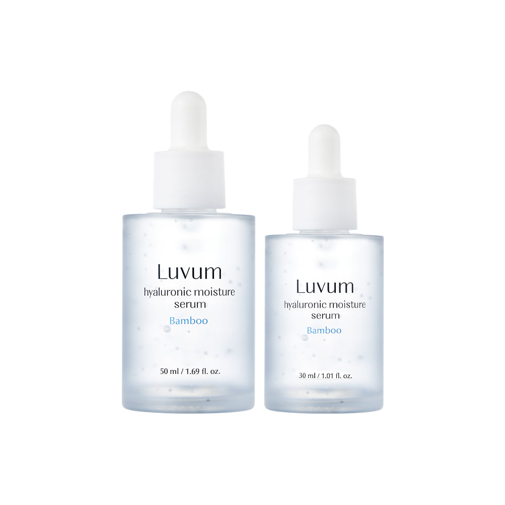 Décris l'image en français en mentionnant le produit, la marque et le contexte visuel : LUVUM Bamboo Hyaluronic Acid Moisture Serum Set 50ml/30ml