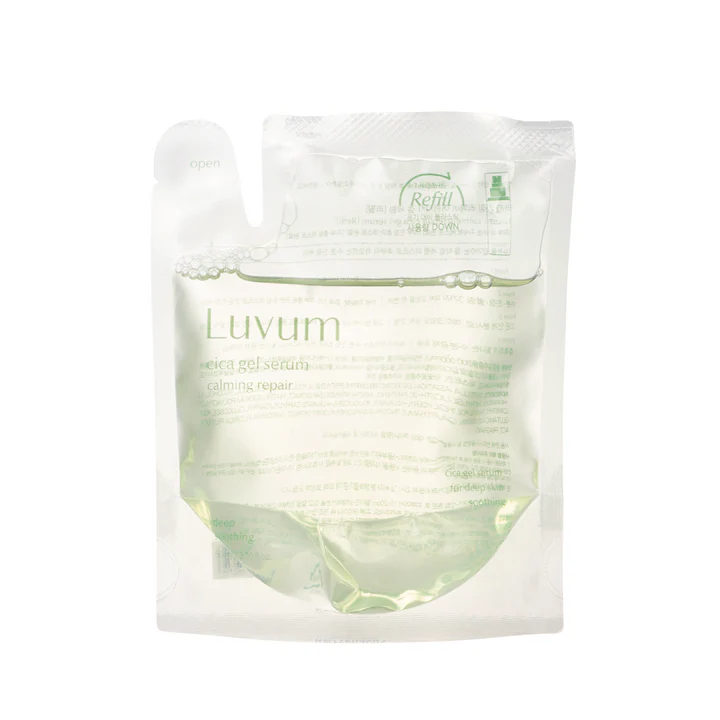 LUVUM Calming Repair Cica Gel Serum Refill 80ml : recharge de sérum Cica apaisant, sur fond clair, emballage produit