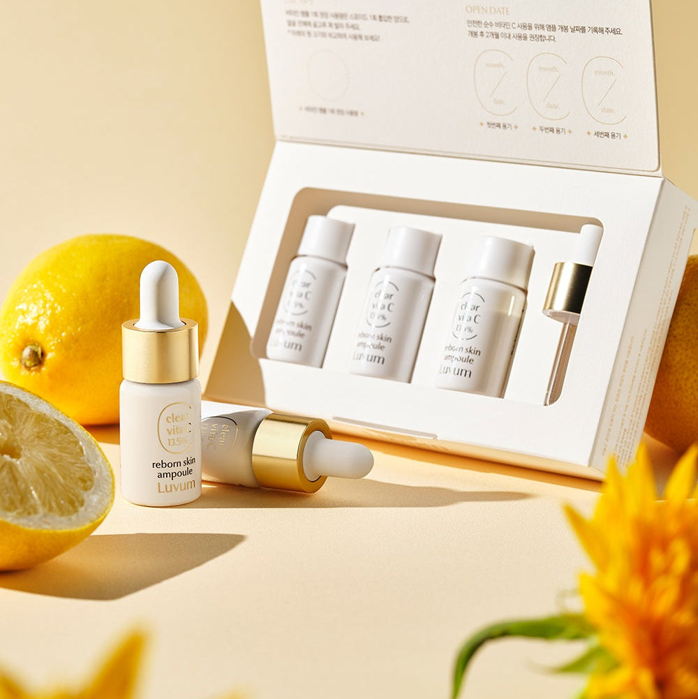 LUVUM Clear Vita C Ribbonn Skin Ampoule 10ml x3, coffret de soins avec ampoules, citrons et ambiance vitaminée en studio