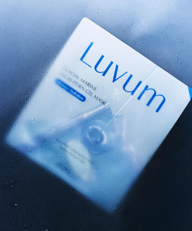 LUVUM Glacial Maarine Aigae-PDRN Gel Mask 5 Sheets, masque gel bleu océan sur fond glacé, marque LUVUM