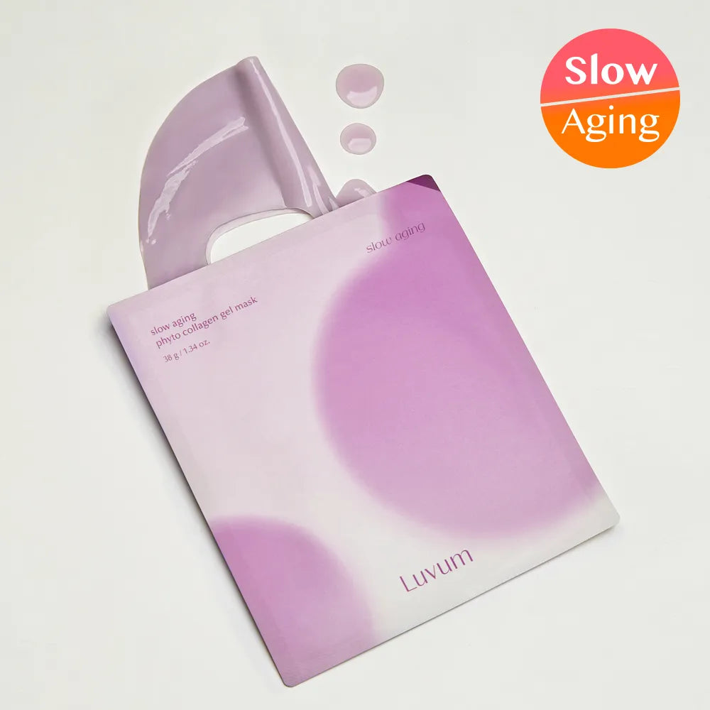 LUVUM SLow Aging Phyto Collagen Gel Mask 5 Pieces, masques gel violets de la marque Luvum sur fond clair.