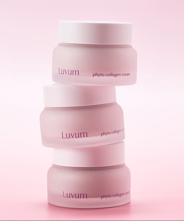 LUVUM Slow Aging Phyto Collagen Cream 50ml, crème visage en pots roses sur fond clair, marque Luvum, pack produit.