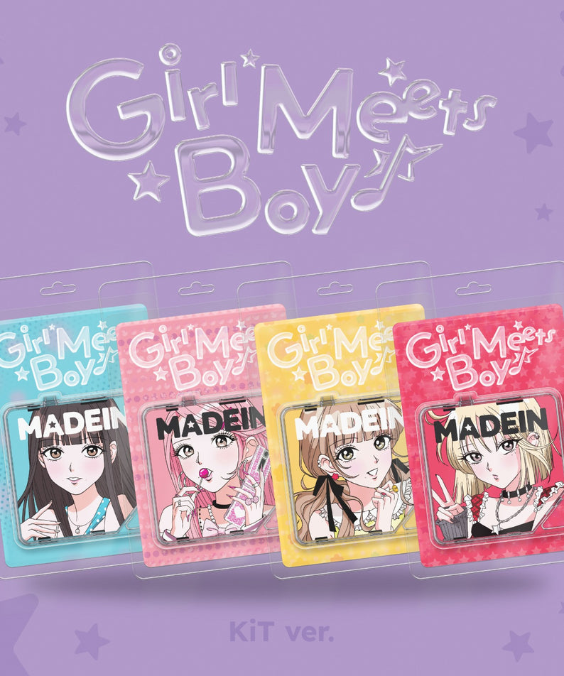 MADEIN - [Girl Meets Boy] (KiT Ver.) (Random 1 of 4) - album Kpop, coffrets sur fond violet, visuel marque MADEIN