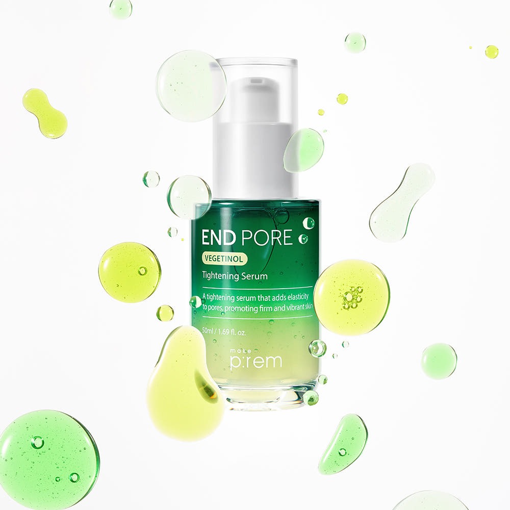 MAKE P:REM  Endpore Vegetinol Tightening Serum 50ml, flacon vert sur fond blanc avec éclaboussures, contexte beauté.