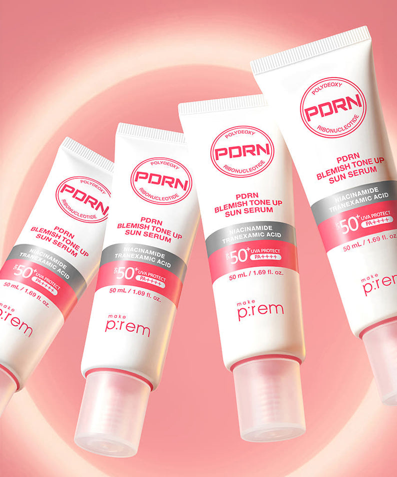 MAKE P:REM PDRN Blemish Tone-Up Sun Serum SPF 50+ PA++++ 50ml, flacons sur fond rose, produits de la marque MAKE P:REM