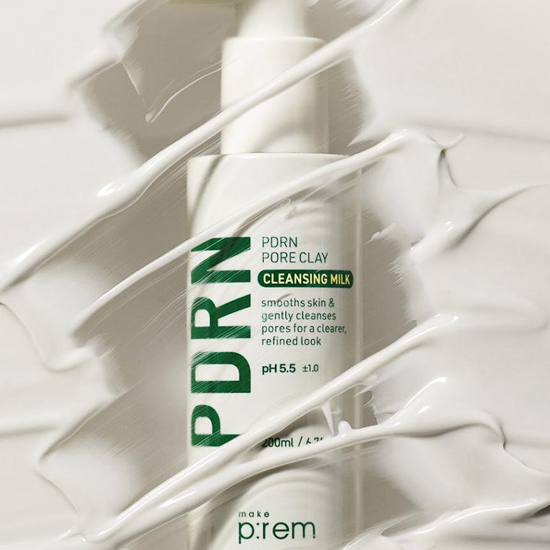 MAKE P:REM  PDRN Pore Clay Cleansing Milk 500ml, flacon sur fond crème, maquillage/soin visage.