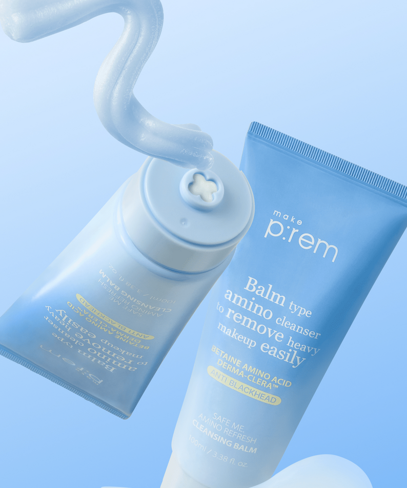 MAKE P:REM  Safe Me Amino Refresh Cleansing Balm 100ml, baume nettoyant de la marque, tubes sur fond bleu clair