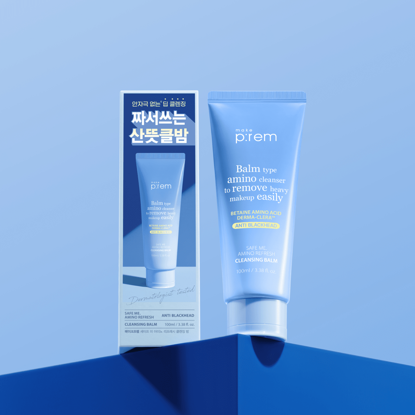 MAKE P:REM  Safe Me Amino Refresh Cleansing Balm 100ml, baume nettoyant, flacon et tube sur fond bleu, produit cosmétique.