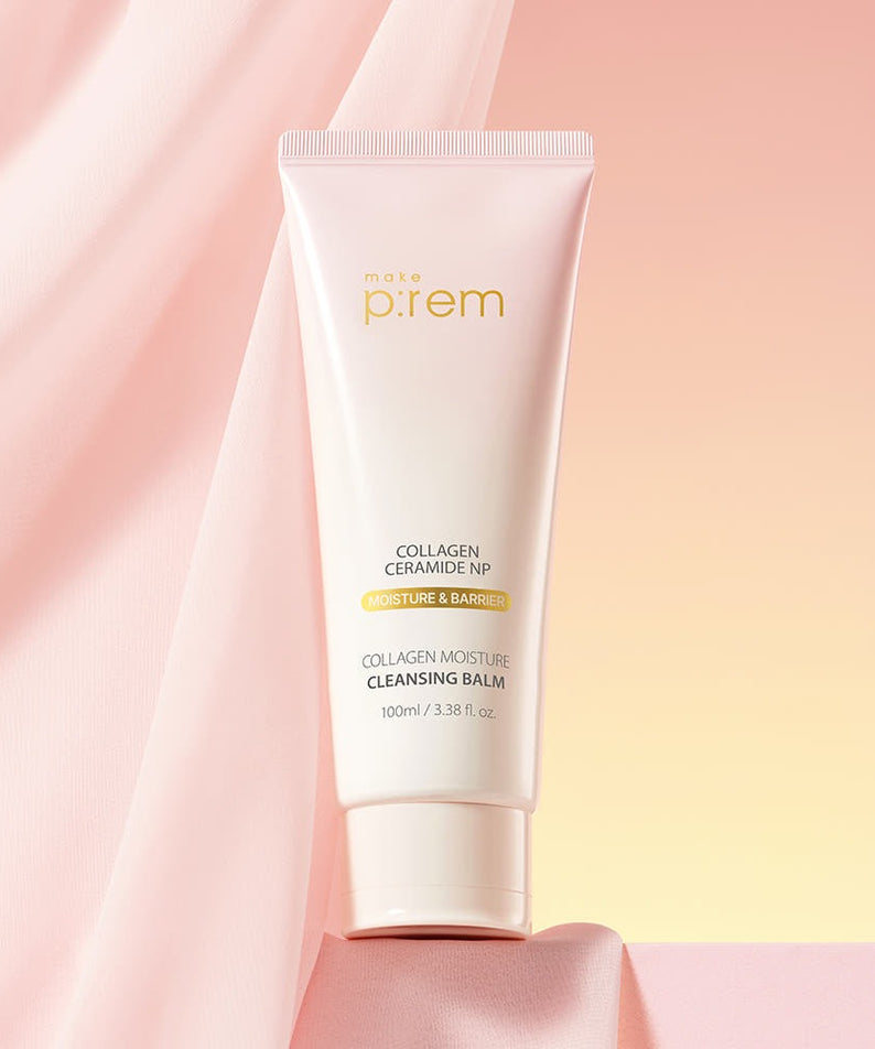 MAKE P:REM Collagen Moisture Cleansing Balm 100ml sur fond rose élégant