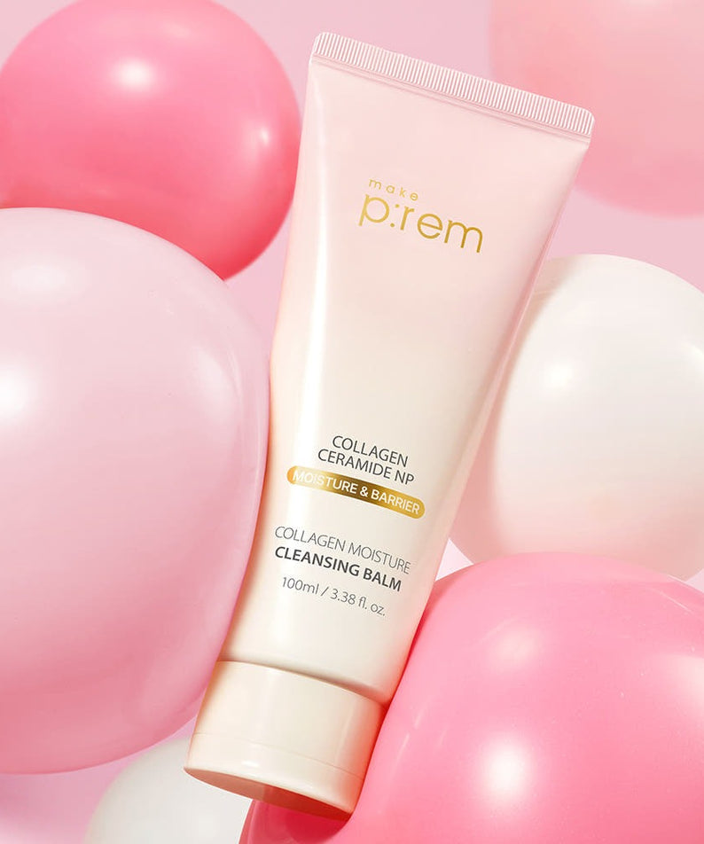 Crème MAKE P:REM Collagen Moisture Cleansing Balm 100ml sur fond de ballons roses et blancs.