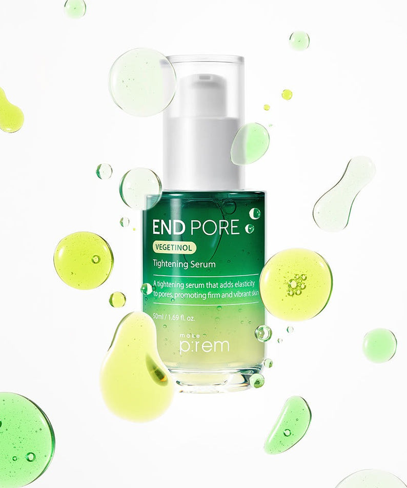 MAKE P:REM Endpore Vegetinol Tightening Serum 50ml avec bulles vertes et jaunes