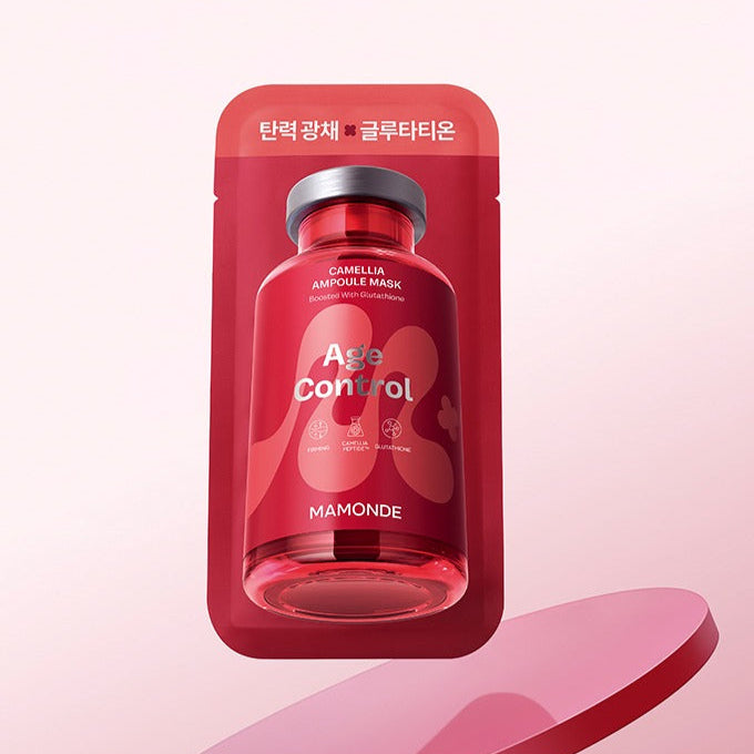 MAMONDE Age Control Camellia Ampoule Mask Pack, masque visage en poche rouge sur fond clair, marque MAMONDE