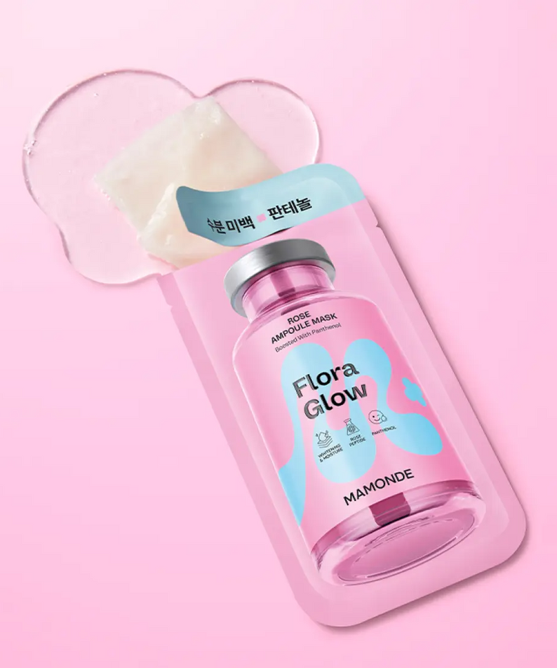 MAMONDE Flora Glow Rose Ampoule Mask Pack, masque rose ampoule de la marque sur fond rose pastel, vue produit.