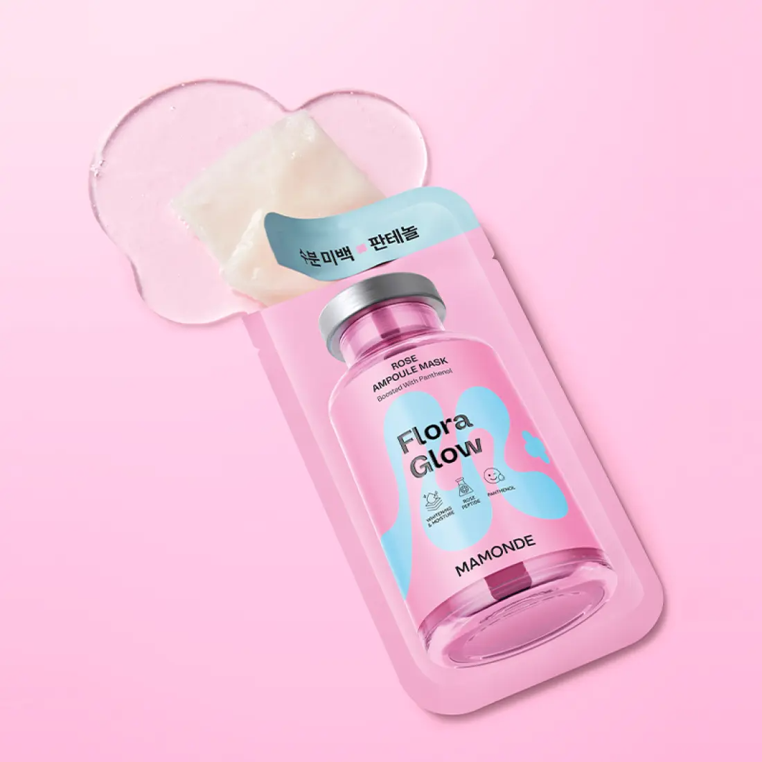MAMONDE Flora Glow Rose Ampoule Mask Pack, masque rose ampoule de la marque sur fond rose pastel, vue produit.