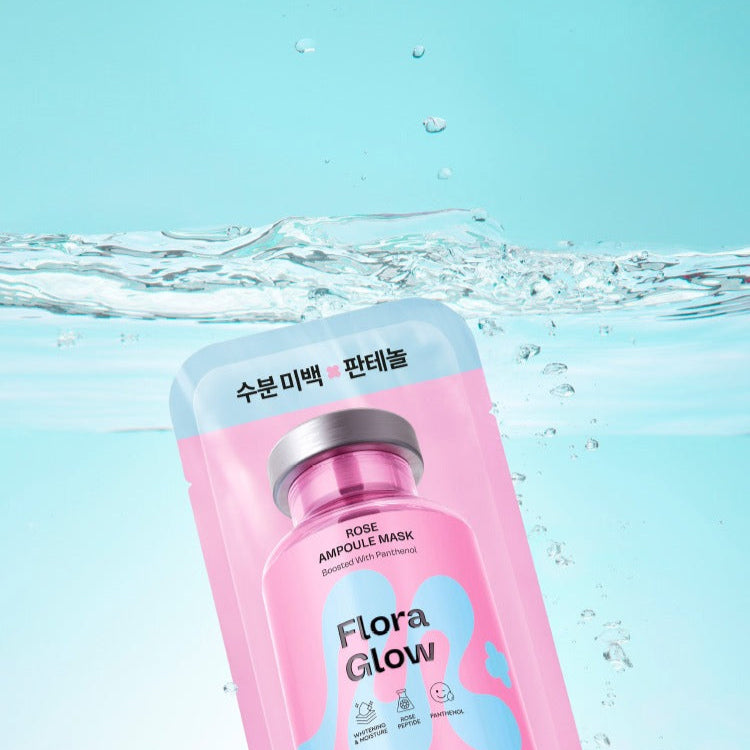 MAMONDE Flora Glow Rose Ampoule Mask Pack, marque MAMONDE, dans un visuel avec bulles d’eau et packaging rose sur fond bleu.