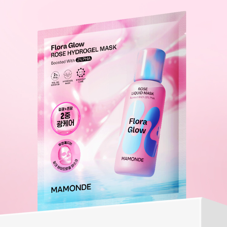 MAMONDE Flora Glow Rose Hydrogel Mask 1 sheet, packaging rose et bleu, Marque MAMONDE sur fond rose pastel, visuel produit.