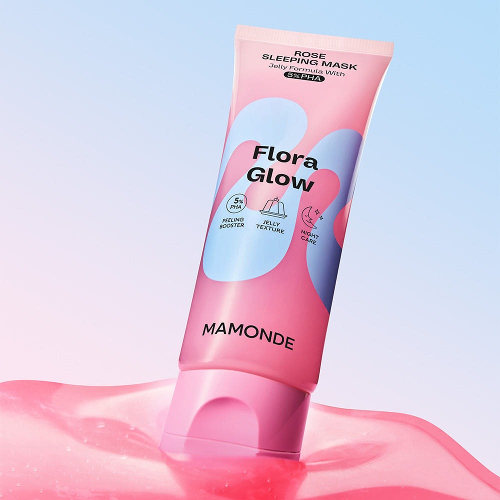 MAMONDE Flora Glow Rose Sleeping Mask 80ml : tube rose sur fond blanc, contexte beauté/soin du visage, fleurs.