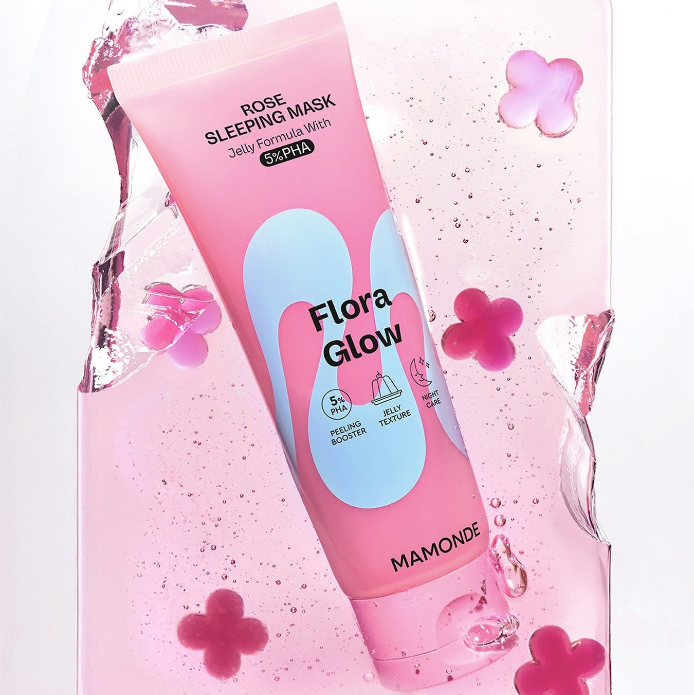 MAMONDE Flora Glow Rose Sleeping Mask 80ml de la marque MAMONDE, sur fond rose floral avec gouttes et fleurs.