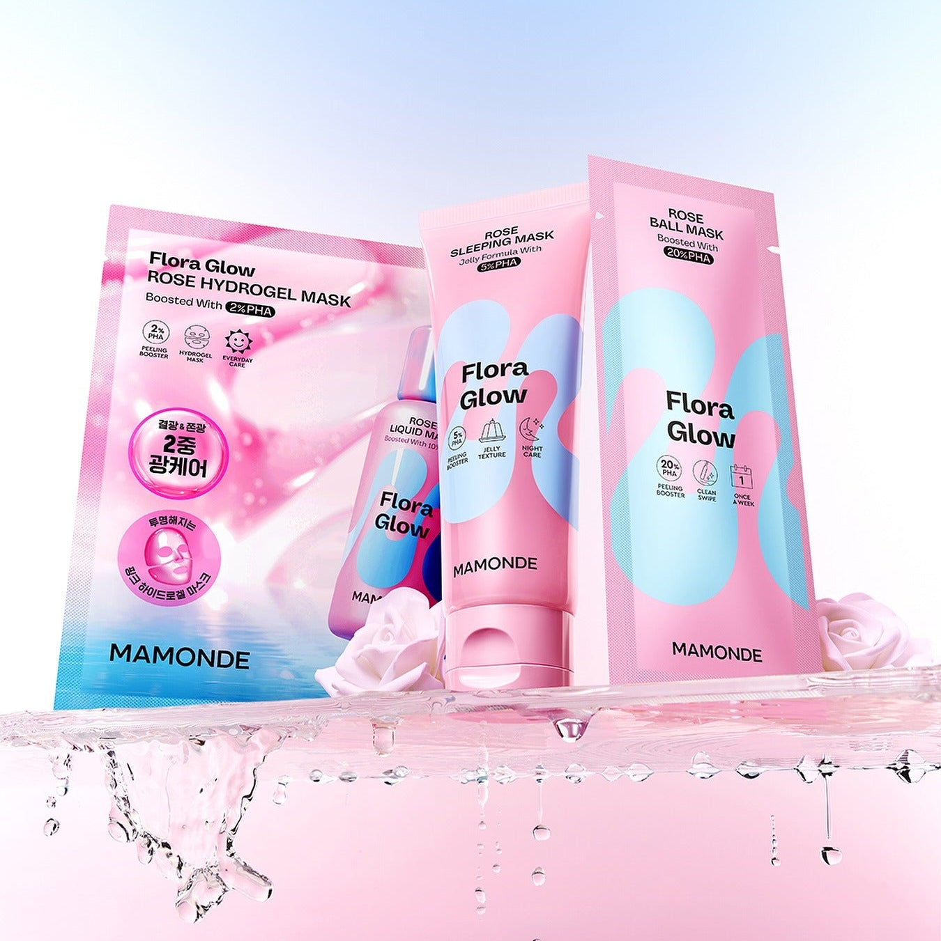 MAMONDE Flora Glow Rose Sleeping Mask 80ml, masques de nuit rose, marque MAMONDE sur fond rose et eau éclaboussures