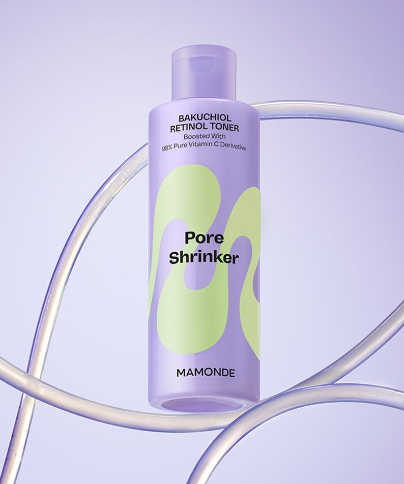 MAMONDE Pore Shrinker Bakuchiol Retinol Toner 200ml sur fond violet avec motif artistique.