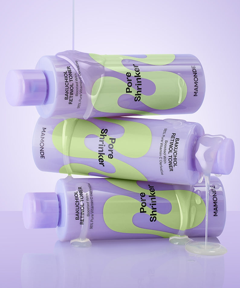 Flacons de MAMONDE Pore Shrinker Bakuchiol Retinol Toner 200ml empilés, solution tonique réductrice de pores en vedette.