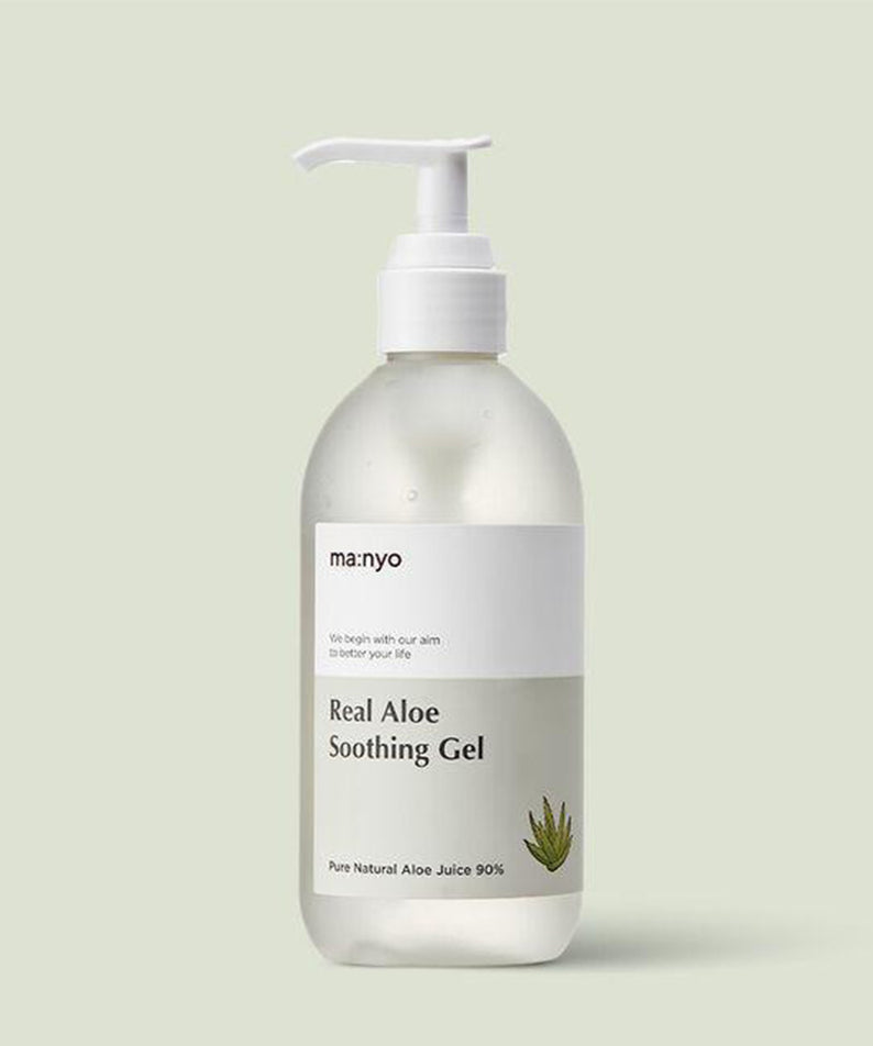 Gel apaisant MANYO Real Fresh Aloe Soothing Gel 300ml avec jus d'aloe pur à 90% pour une peau rafraîchie et hydratée.