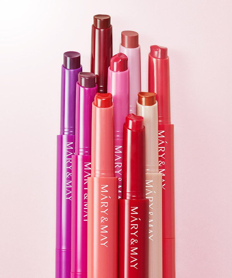 MARY&MAY Blooming Glow Lip 09 Sunset Tangerine 1.7g : gamme de rouges à lèvres sur fond clair, marque MARY&MAY.