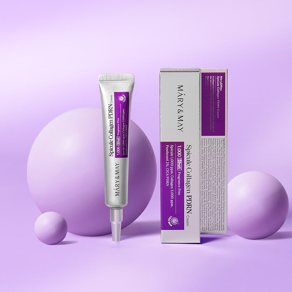 MARY&MAY  Speckle Collagen PDRN Cream 15g sur fond violet, tubes et étui cosmétiques MARY&MAY.
