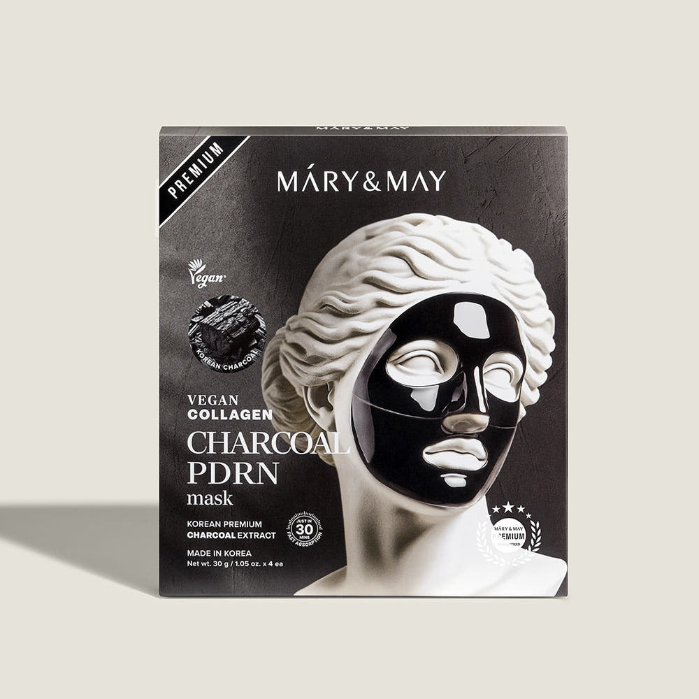 MARY&MAY Vegan Collagen Charcoal PDRN Gel Mask (4 Sheets) de la marque MARY&MAY, boîte noire et visage masque charbon