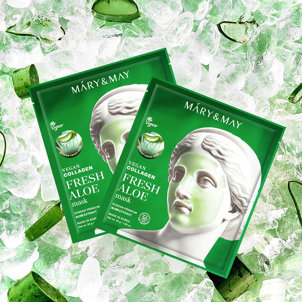 MARY&MAY Vegan Collagen Fresh Aloe Gel Mask (4 sheets) : 4 masques sur glace, marque MARY&MAY, look aloe frais vert.