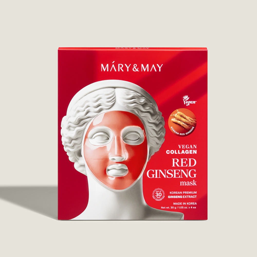 Décrivez l’image en français: MARY&MAY Vegan Collagen Red Ginseng Gel Mask (4 sheets) en boîte, visuel rouge et masque.