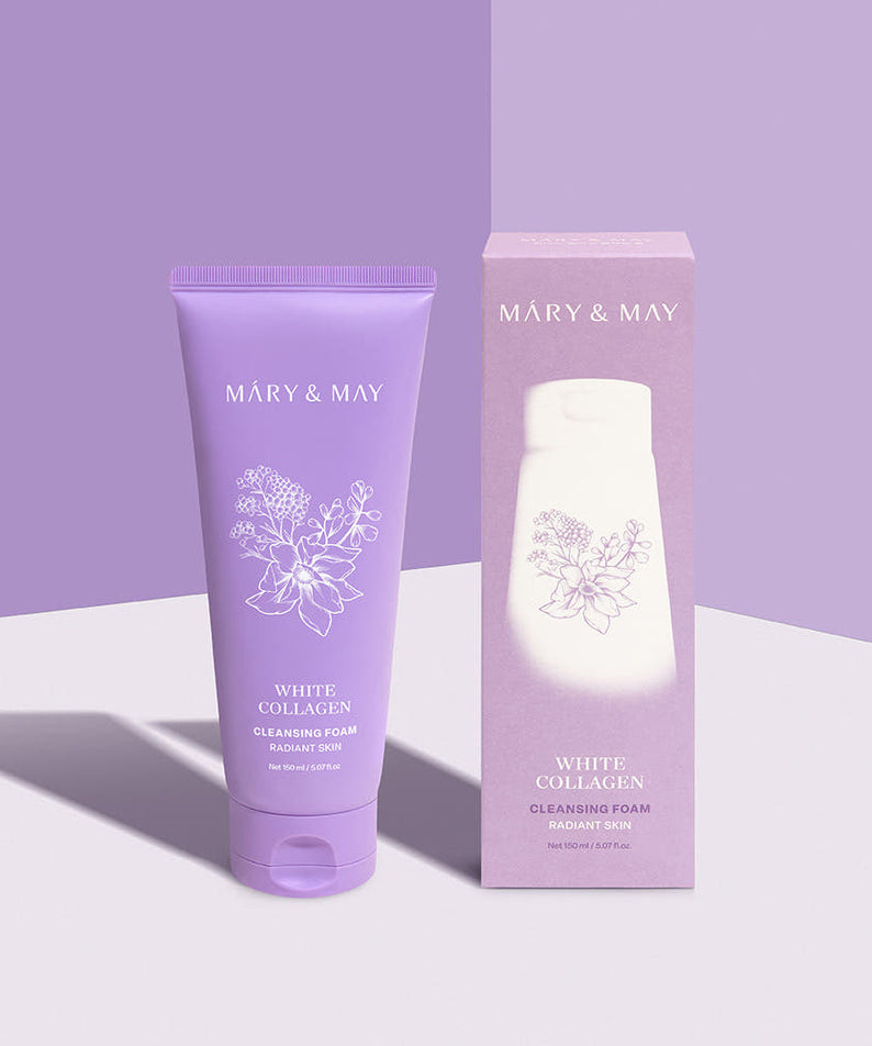 MARY&MAY White Collagen Cleansing Foam 150ml, mousse nettoyante blanche de la marque MARY&MAY, photo produit sur fond violet.