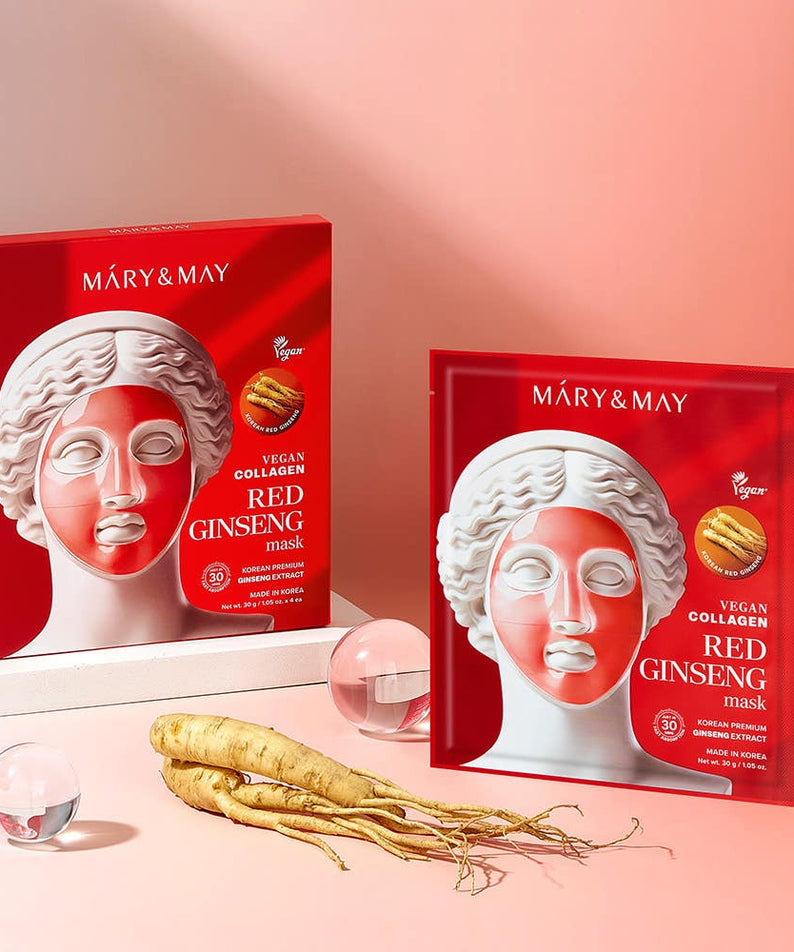 MARY&MAY Vegan Collagen Red Ginseng Gel Mask (4 sheets) avec extrait de ginseng et masque en gel en arrière-plan. Beauté et soin naturel.