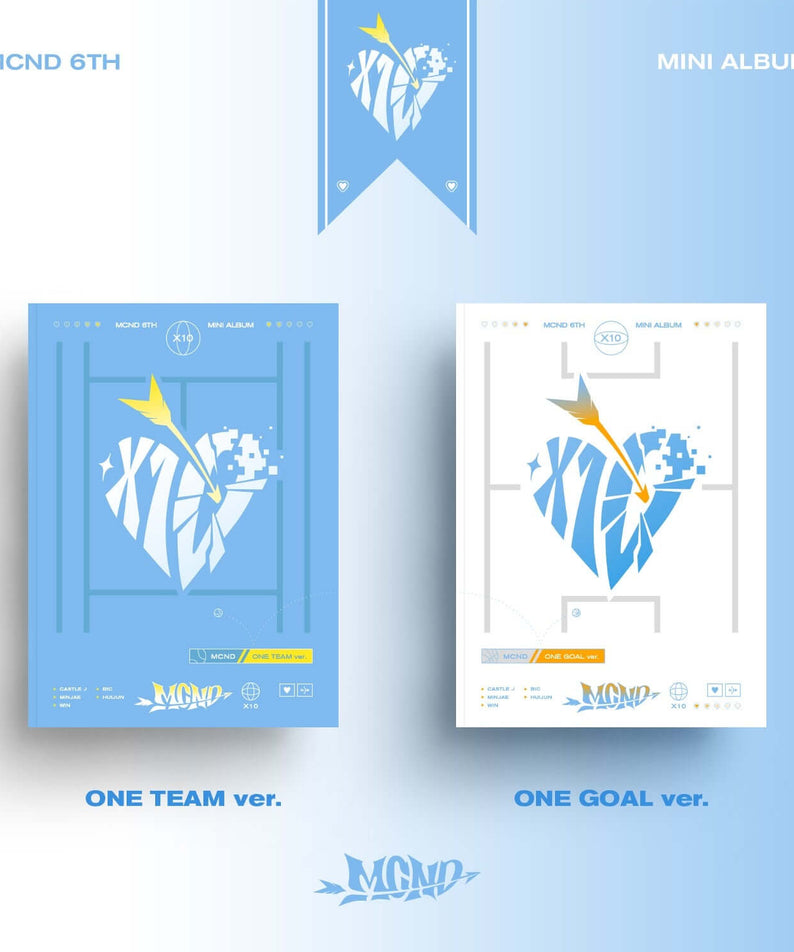 MCND - 6th Album [X10] ONE GOAL ver. - Album Kpop, pochette bleue avec logo MCND, fond visuel studio.