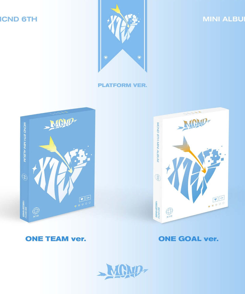 MCND - 6th Album [X10] (Platform) ONE GOAL ver. - Album Kpop, boîtier bleu en vitrine, marque MCND, visuel promo.
