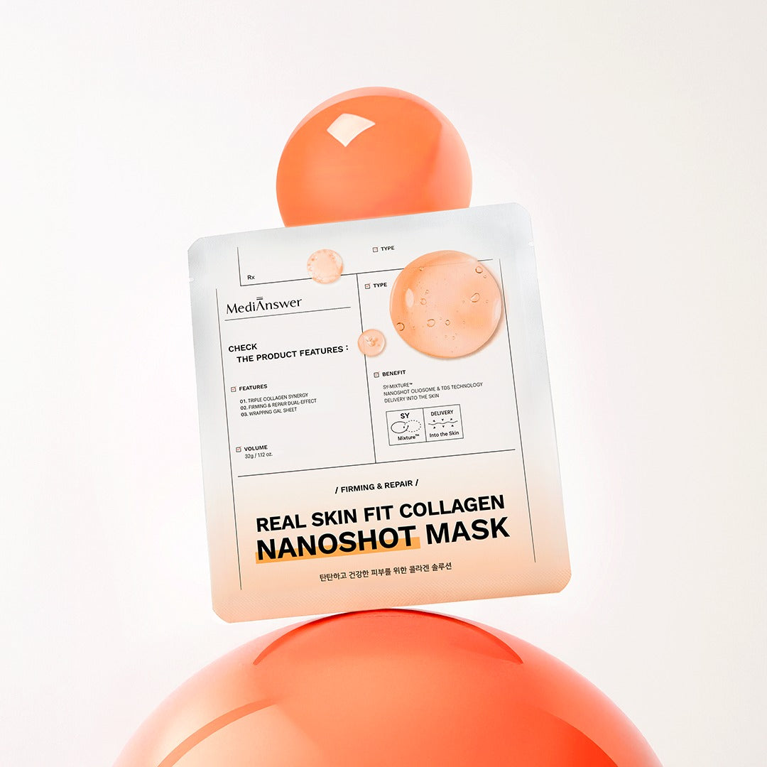 MEDIANSWER Real Skin Fit Collagen Nanoshot Mask 5 sheets, masque visage en sachet, fond blanc, produit de la marque MediAnswer