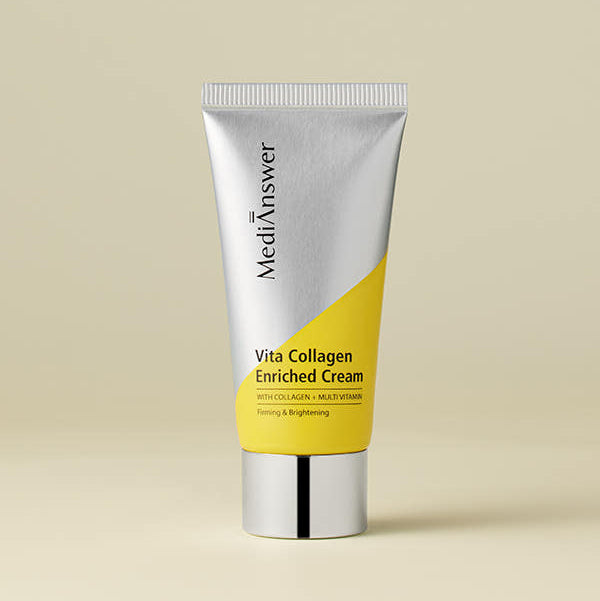 MEDIANSWER  Vita Collagen Enriched Cream 50ml, tube crème sur fond beige, vue produit en studio.