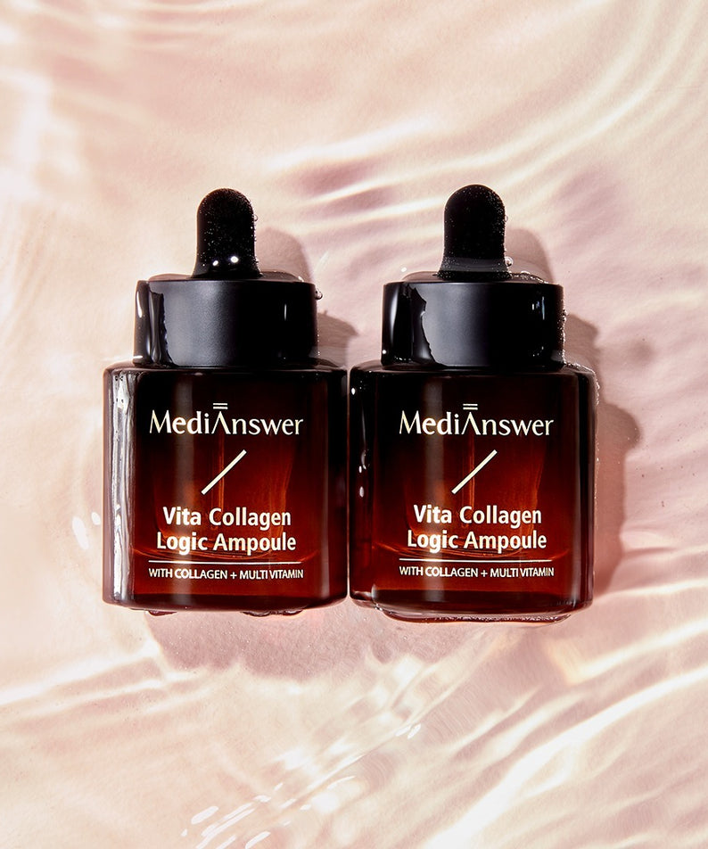 MEDIANSWER Vita Collagen Logic Ampoule de MediAnswer, sur fond satin beige, deux flacons compte-gouttes visibles.