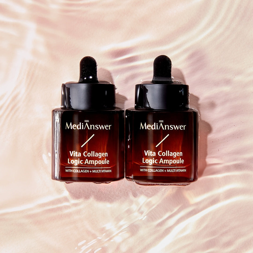 MEDIANSWER Vita Collagen Logic Ampoule de MediAnswer, sur fond satin beige, deux flacons compte-gouttes visibles.