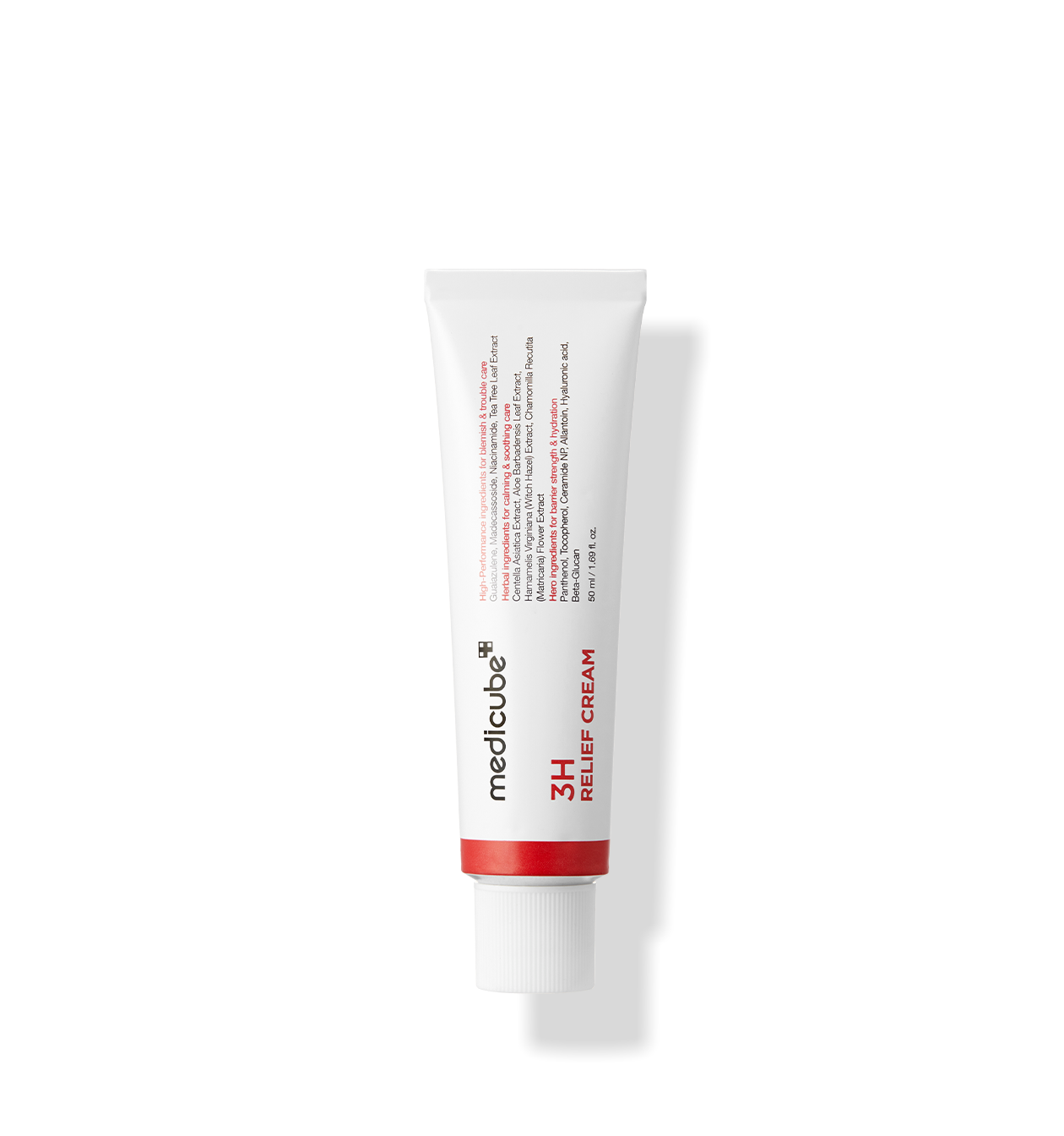 MEDICUBE 3H Relief Cream 50ml, tube crème blanc avec étiquette rouge, produit de la marque sur fond noir