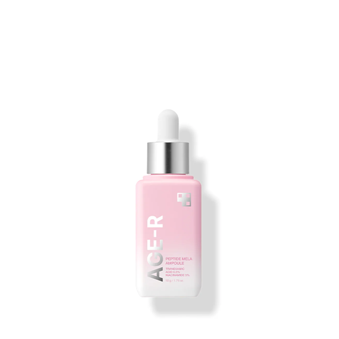 MEDICUBE AGE-R Peptide Mela Ampoule 50g, flacon rose sur fond blanc, produit de marque MEDICUBE en studio.