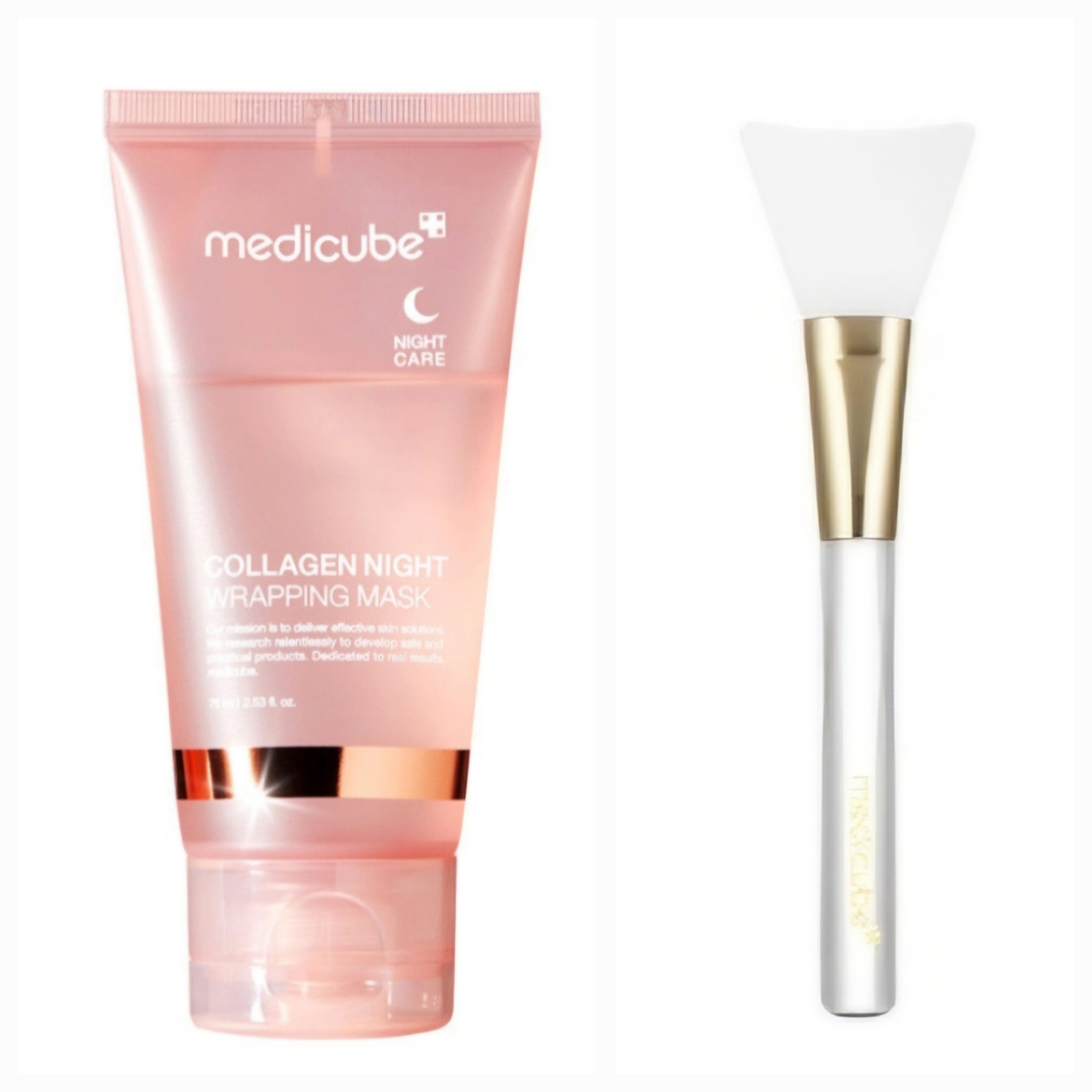 MEDICUBE Collagen Night Wrapping Mask 75ml Mediacube, crème nuit collagène et pinceau sur fond blanc, visuel produit